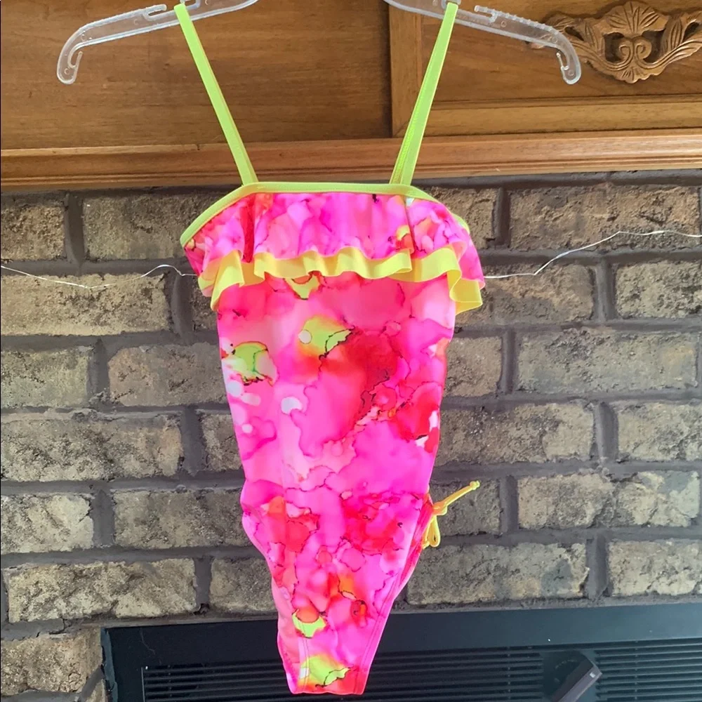 Girls' Neon Pink Watercolor Ruffle One-Piece Swimsuit